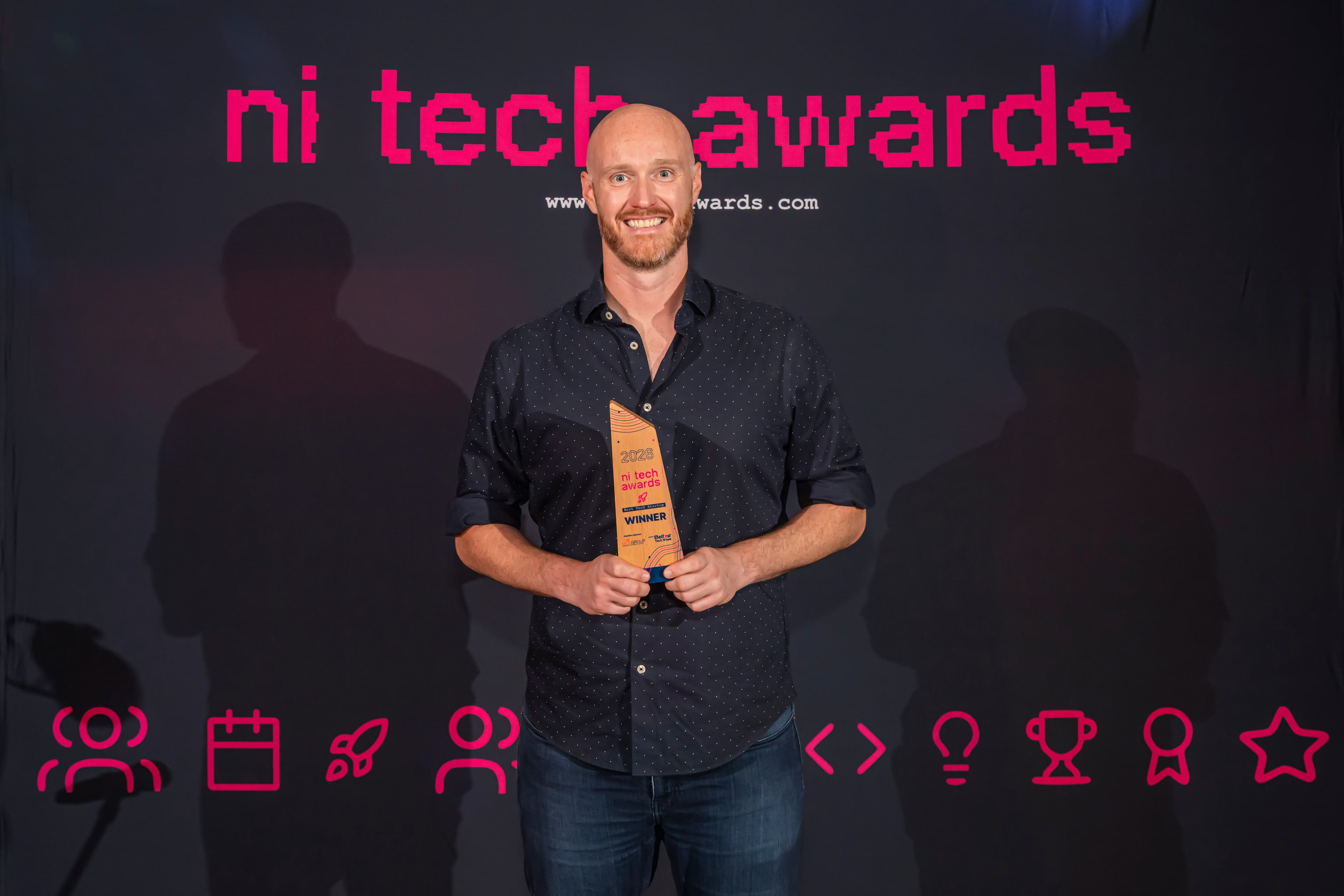 Steven, ClearKey's founder, holding the Best Tech Start-Up winner trophy at the NI Tech Awards 2026