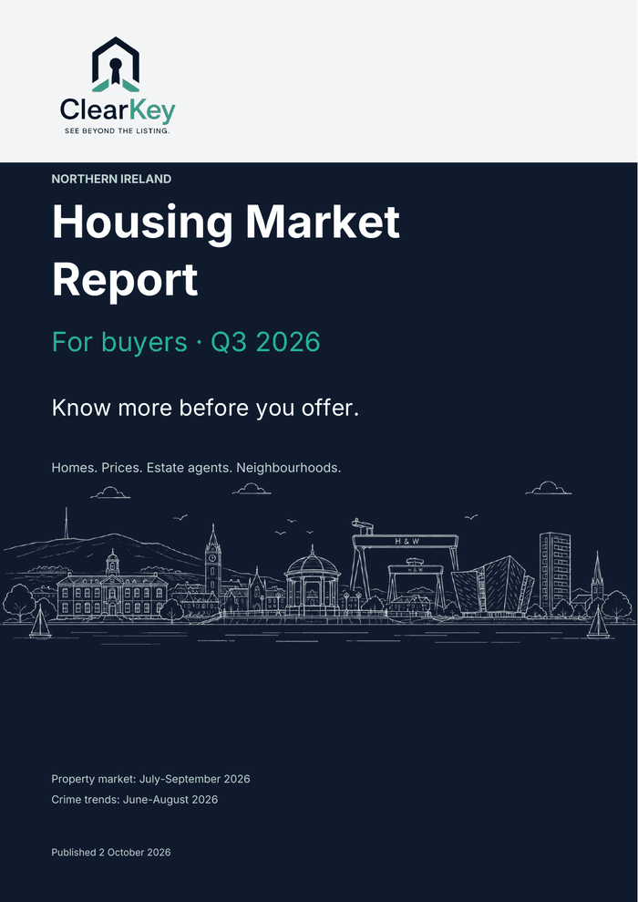 Cover of ClearKey Northern Ireland Housing Market Report for Buyers — Q3 2026, featuring a Belfast skyline illustration
